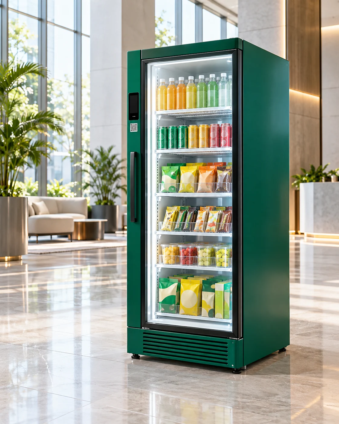 Concept of a custom smart fridge for automated product sampling in a corporate office lobby.